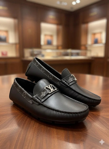 LOUIS VUITTON || Men's Hockenheim Loafers - Black/Brown Monogram Empreinte Leather - FASHION MYST