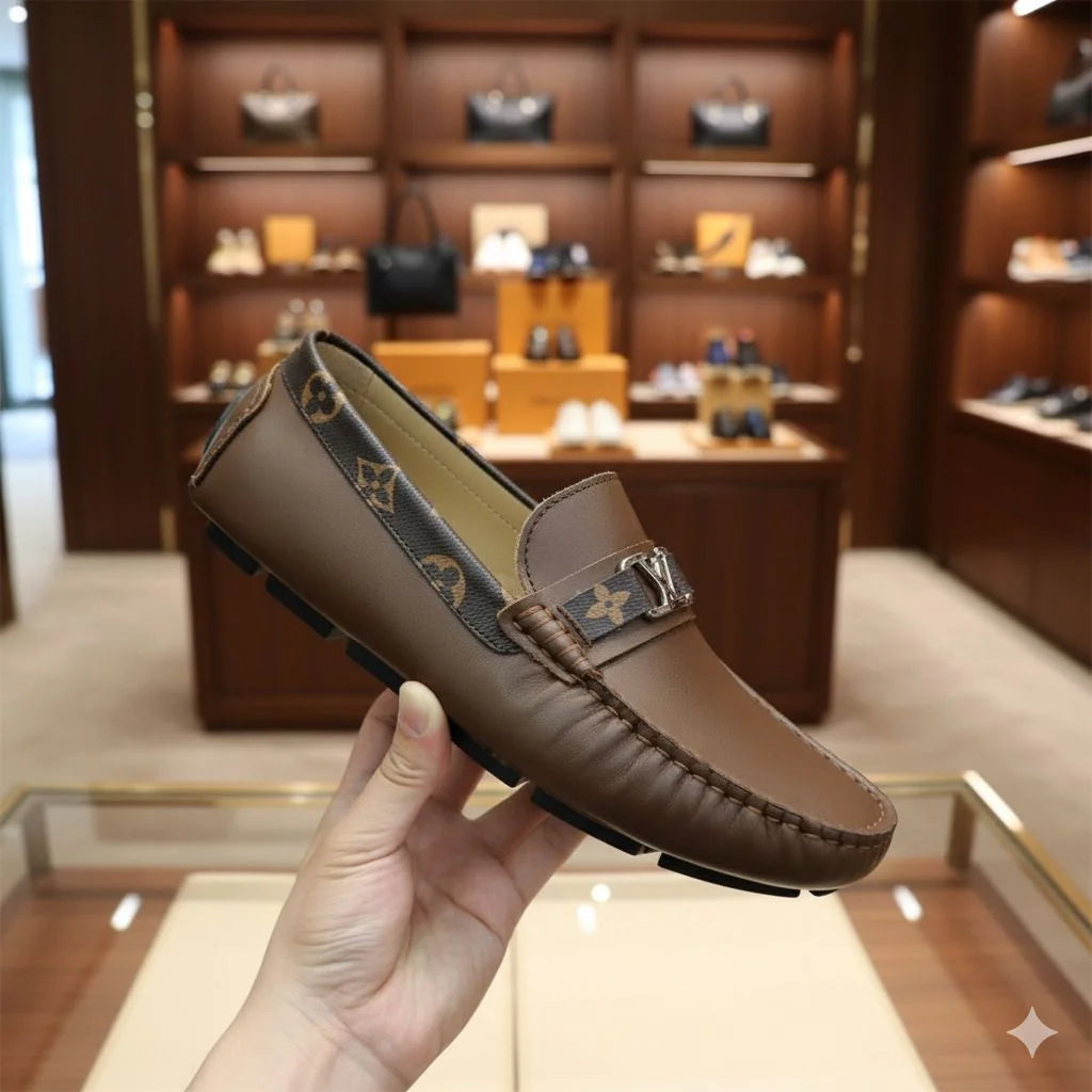 LOUIS VUITTON || Men's Hockenheim Loafers - Black/Brown Monogram Empreinte Leather - FASHION MYST