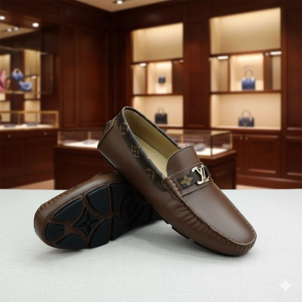 LOUIS VUITTON || Men's Hockenheim Loafers - Black/Brown Monogram Empreinte Leather - FASHION MYST
