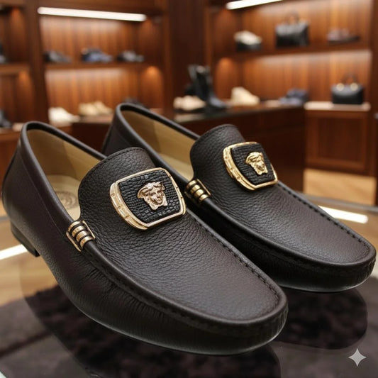 VERSACE || Men's Medusa Biggie Loafers - Cognac Brown Grained Leather