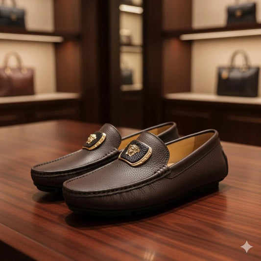 VERSACE || Men's Medusa Biggie Loafers - Cognac Brown Grained Leather