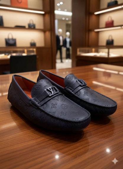 LOUIS VUITTON || Men's Hockenheim Loafers - Blue Monogram Empreinte Leather - FASHION MYST
