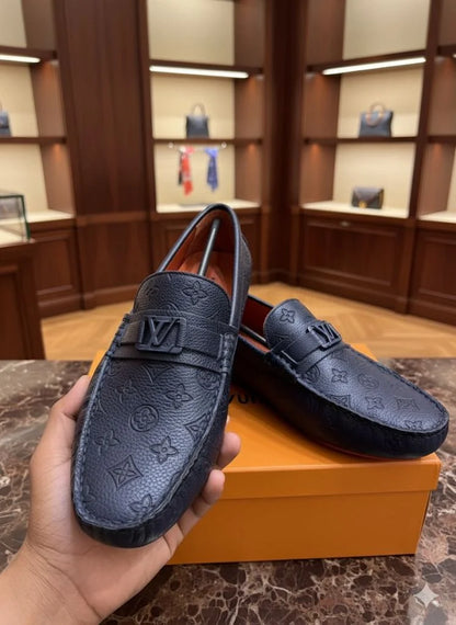 LOUIS VUITTON || Men's Hockenheim Loafers - Blue Monogram Empreinte Leather - FASHION MYST