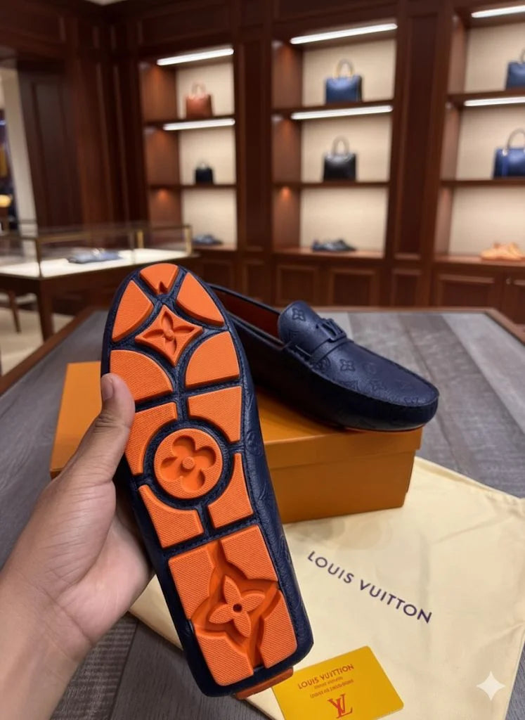 LOUIS VUITTON || Men's Hockenheim Loafers - Blue Monogram Empreinte Leather - FASHION MYST