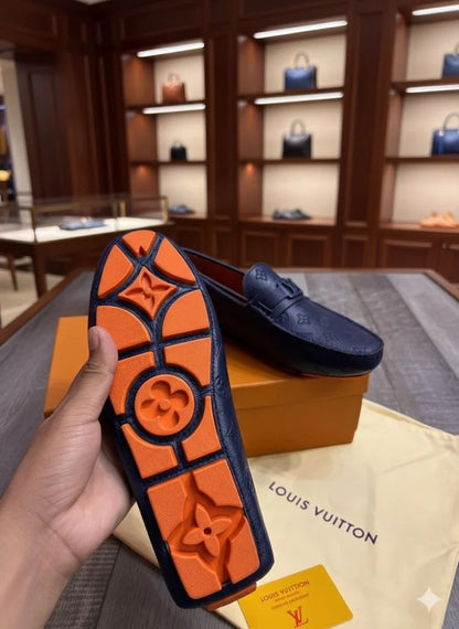 LOUIS VUITTON || Men's Hockenheim Loafers - Blue Monogram Empreinte Leather - FASHION MYST