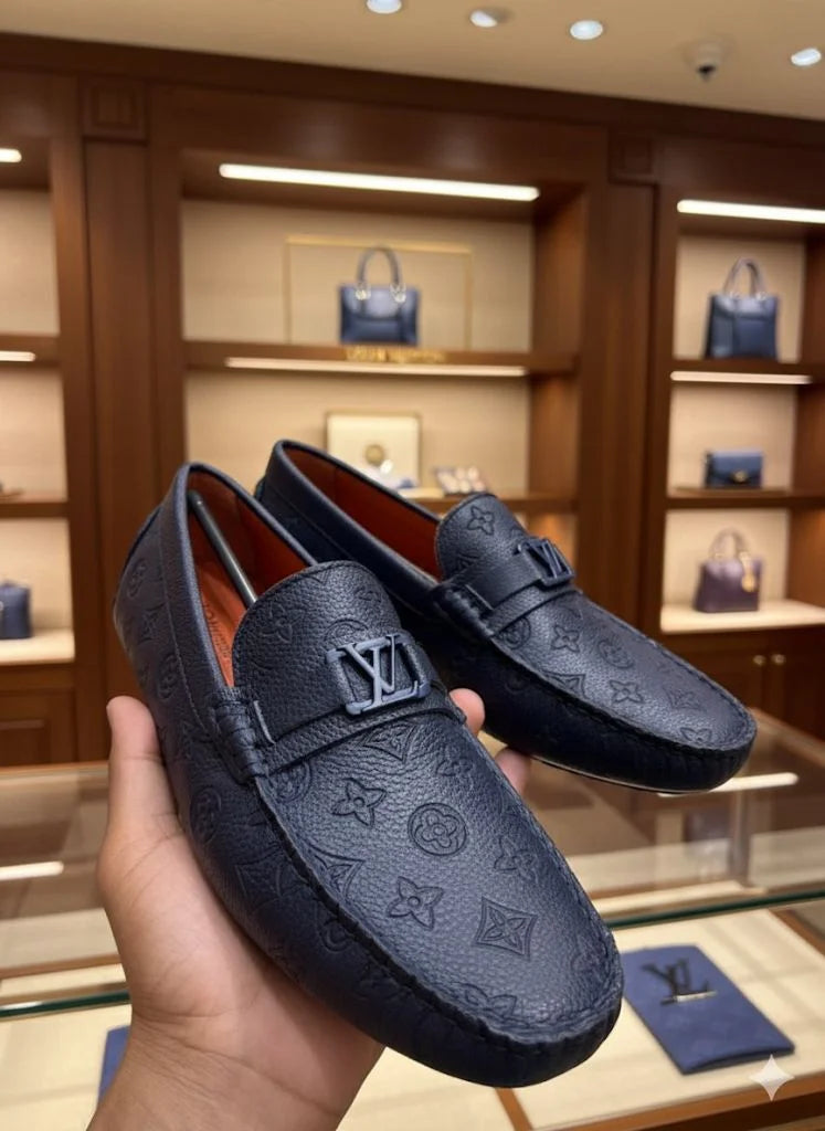 LOUIS VUITTON || Men's Hockenheim Loafers - Blue Monogram Empreinte Leather - FASHION MYST