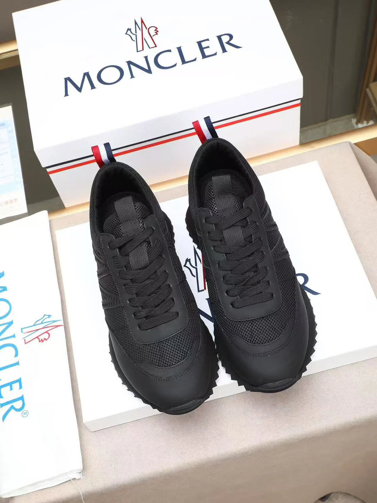 MONCLER || Bubble Mesh & Leather Low-Top Sneakers in Black
