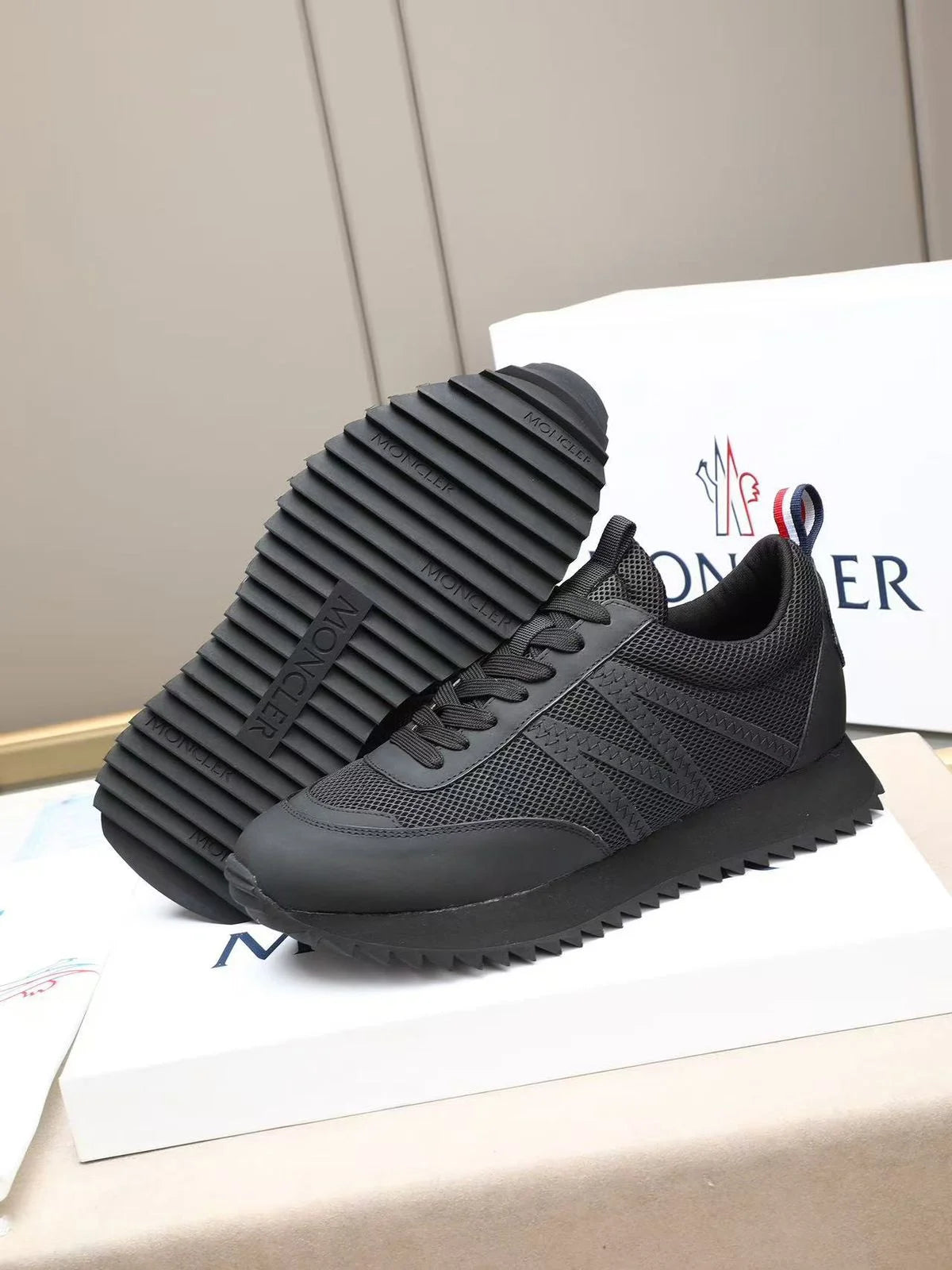 MONCLER || Bubble Mesh & Leather Low-Top Sneakers in Black