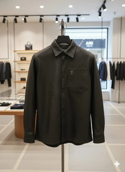 AMI || Alexandre Mattiussi Black/Brown Lambskin Leather Button-Down Shirt with Chest Pocket