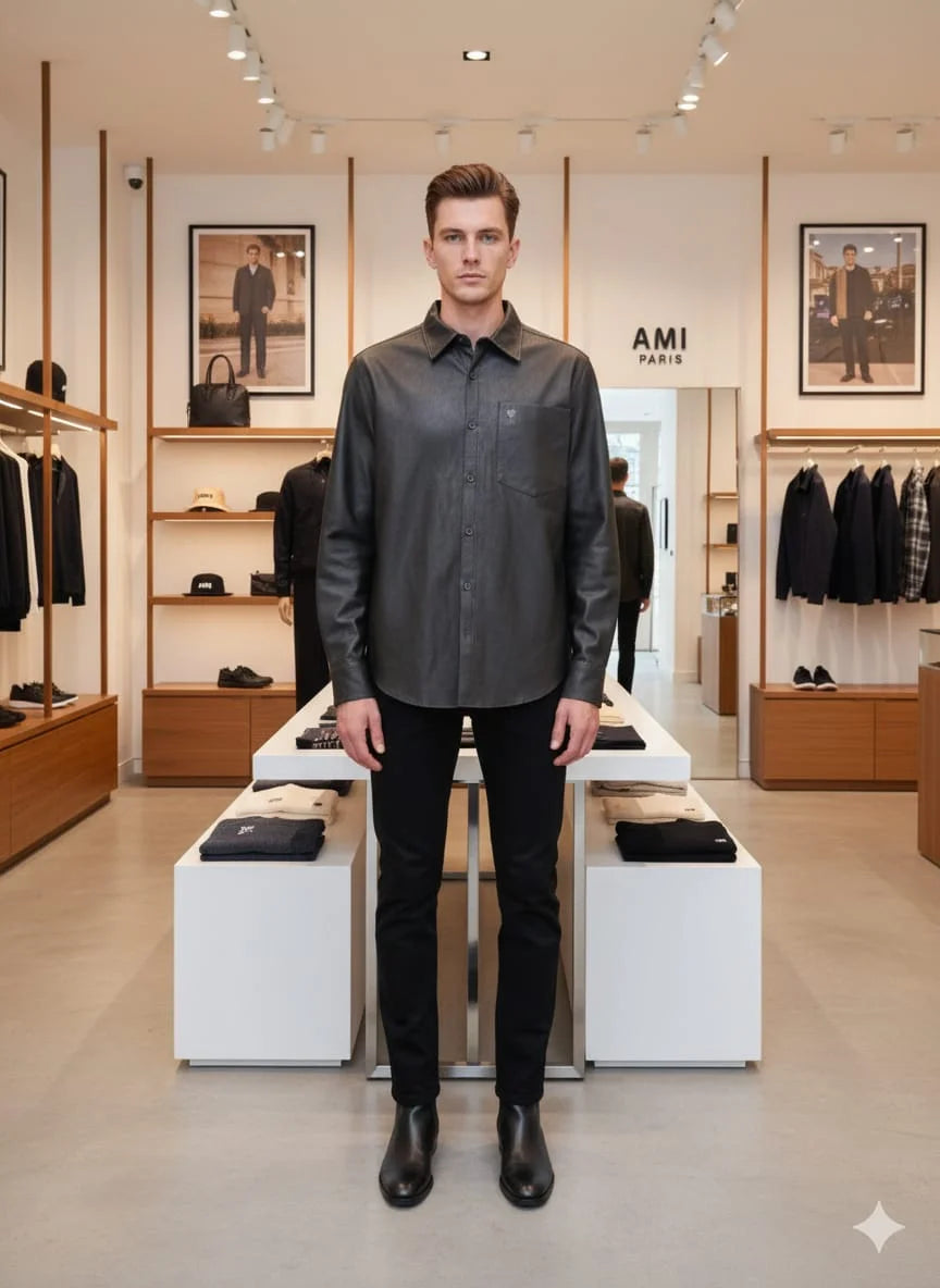 AMI || Alexandre Mattiussi Black/Brown Lambskin Leather Button-Down Shirt with Chest Pocket