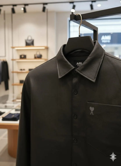 AMI || Alexandre Mattiussi Black/Brown Lambskin Leather Button-Down Shirt with Chest Pocket