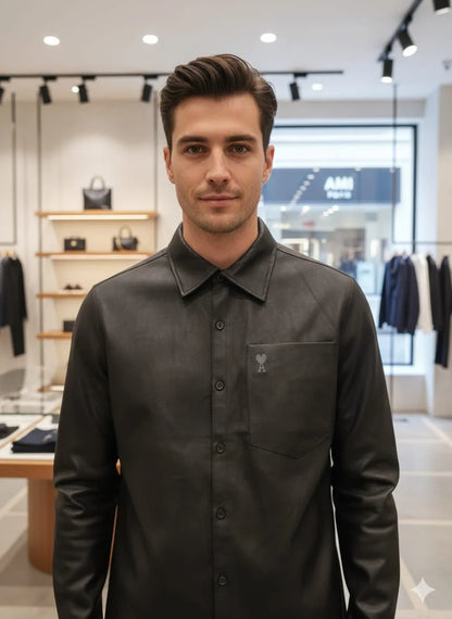 AMI || Alexandre Mattiussi Black/Brown Lambskin Leather Button-Down Shirt with Chest Pocket