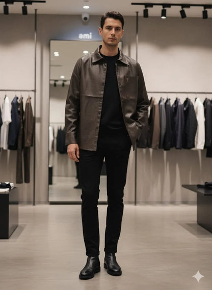 AMI || Alexandre Mattiussi Black/Brown Lambskin Leather Button-Down Shirt with Chest Pocket