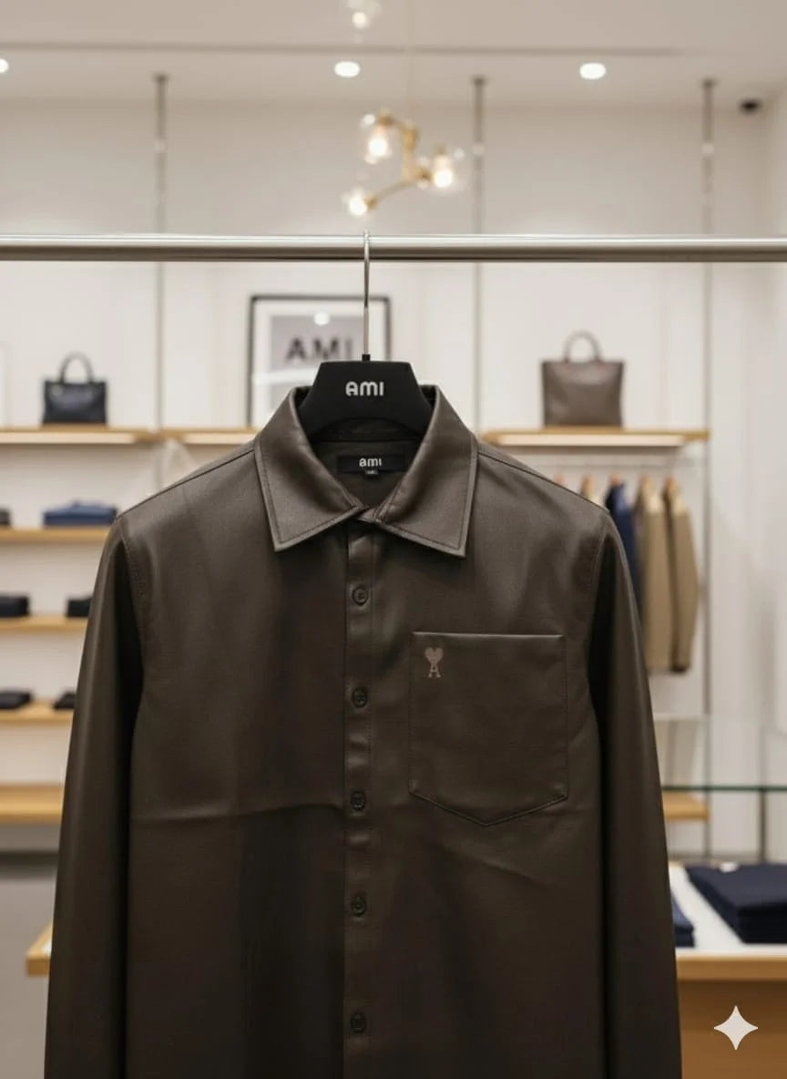 AMI || Alexandre Mattiussi Black/Brown Lambskin Leather Button-Down Shirt with Chest Pocket