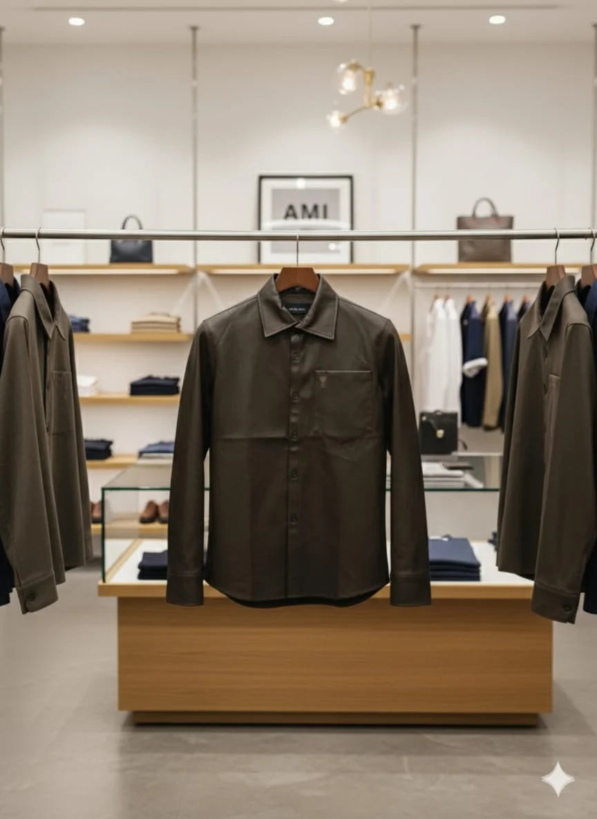 AMI || Alexandre Mattiussi Black/Brown Lambskin Leather Button-Down Shirt with Chest Pocket