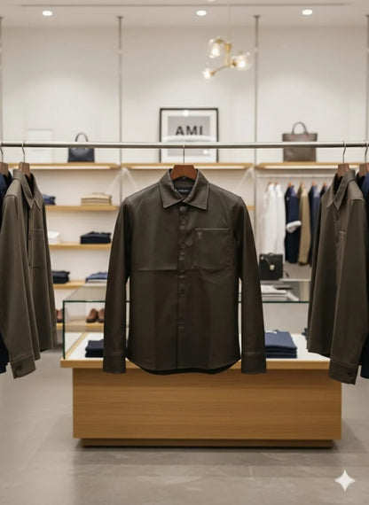 AMI || Alexandre Mattiussi Black/Brown Lambskin Leather Button-Down Shirt with Chest Pocket