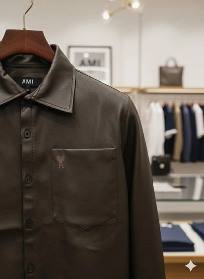 AMI || Alexandre Mattiussi Black/Brown Lambskin Leather Button-Down Shirt with Chest Pocket