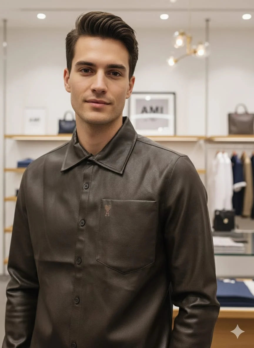 AMI || Alexandre Mattiussi Black/Brown Lambskin Leather Button-Down Shirt with Chest Pocket