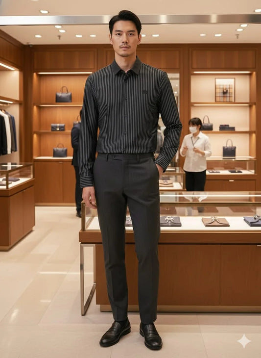 BURBERRY || Men’s Slim-Fit Pinstripe Cotton Lycra Shirt With Equestrian Knight Logo