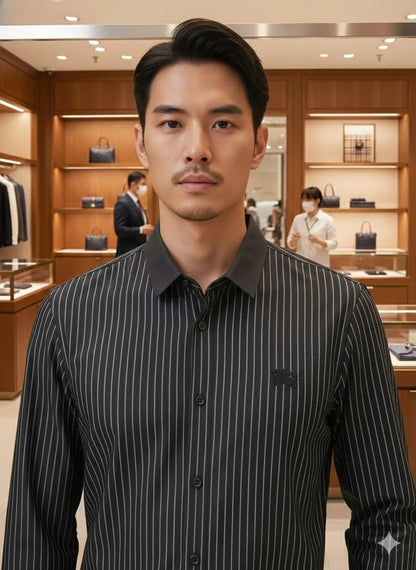 BURBERRY || Men’s Slim-Fit Pinstripe Cotton Lycra Shirt With Equestrian Knight Logo