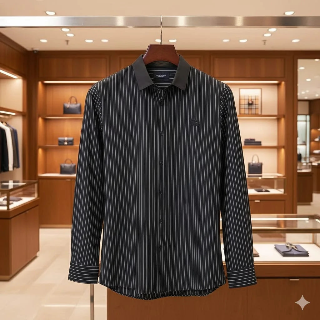 BURBERRY || Men’s Slim-Fit Pinstripe Cotton Lycra Shirt With Equestrian Knight Logo