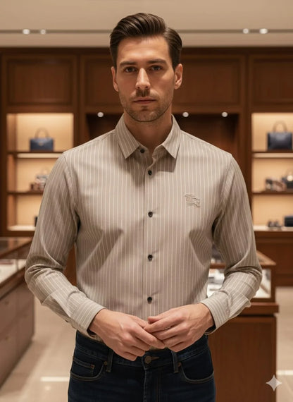 BURBERRY || Men’s Slim-Fit Pinstripe Cotton Lycra Shirt With Equestrian Knight Logo