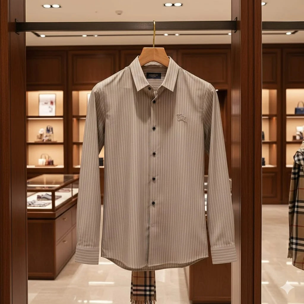 BURBERRY || Men’s Slim-Fit Pinstripe Cotton Lycra Shirt With Equestrian Knight Logo