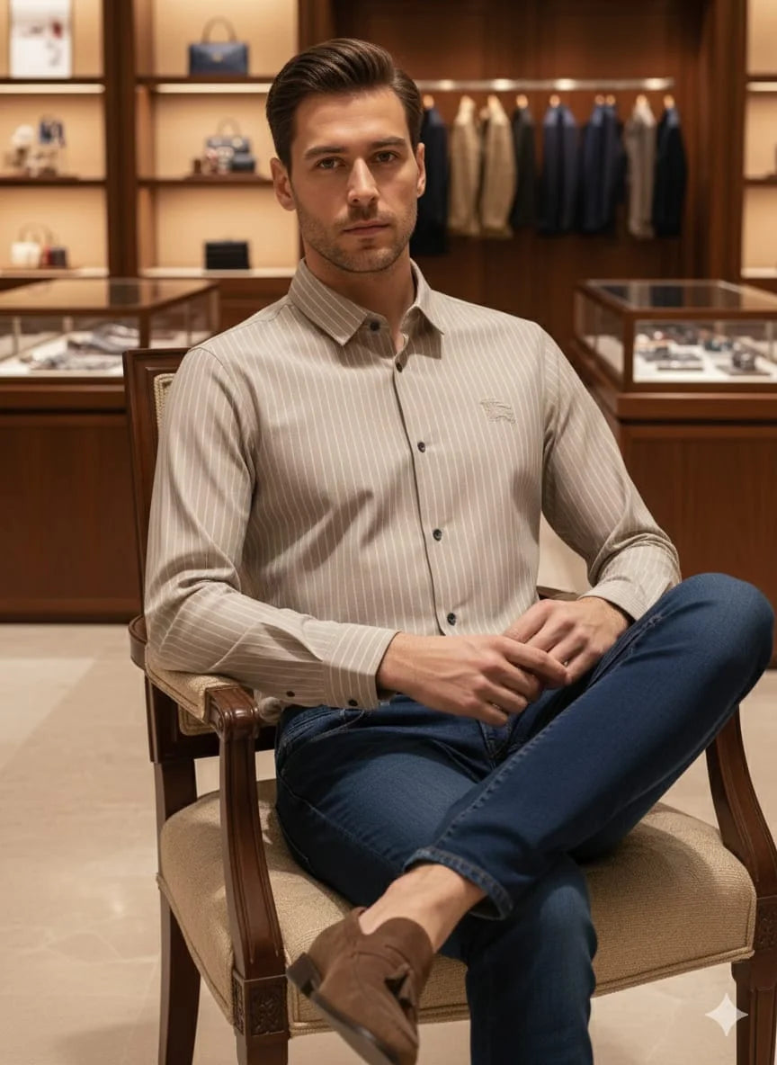 BURBERRY || Men’s Slim-Fit Pinstripe Cotton Lycra Shirt With Equestrian Knight Logo