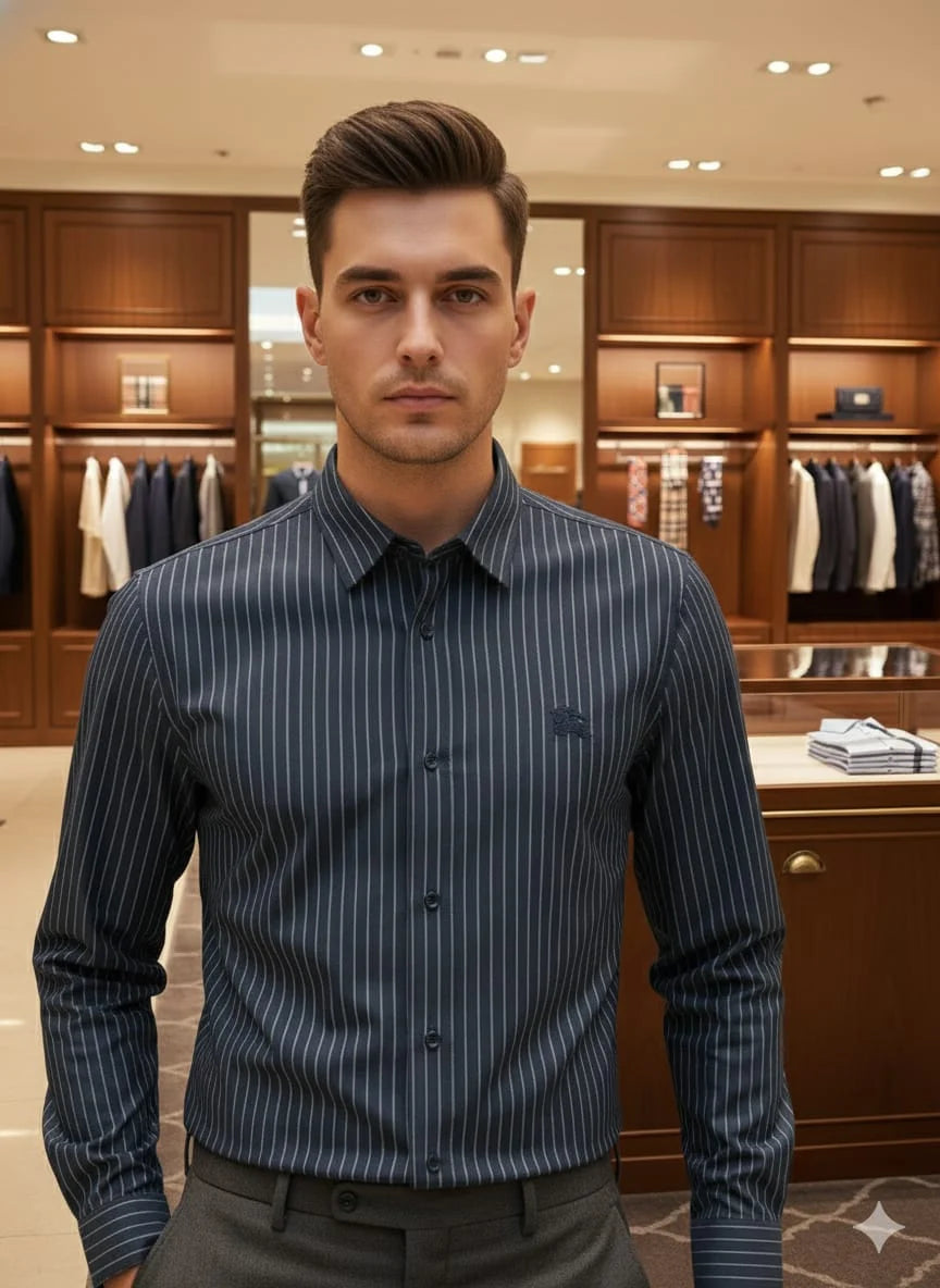 BURBERRY  || Men’s Vertical Pinstripe Button-Down Shirt with Contrast Point Collar