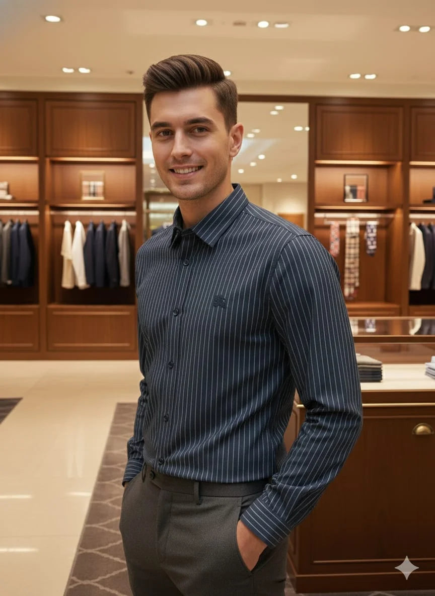 BURBERRY  || Men’s Vertical Pinstripe Button-Down Shirt with Contrast Point Collar