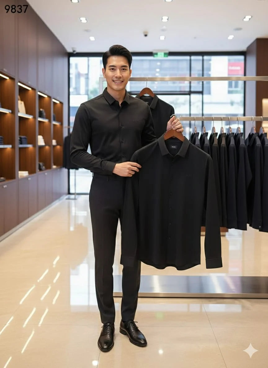 HUGO BOSS || Men's Black Slim-Fit Dress Shirt – Technical Stretch Performance Fabric