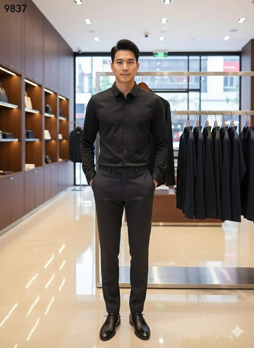 HUGO BOSS || Men's Black Slim-Fit Dress Shirt – Technical Stretch Performance Fabric