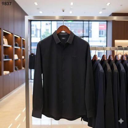 HUGO BOSS || Men's Black Slim-Fit Dress Shirt – Technical Stretch Performance Fabric