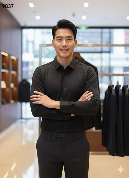 HUGO BOSS || Men's Black Slim-Fit Dress Shirt – Technical Stretch Performance Fabric