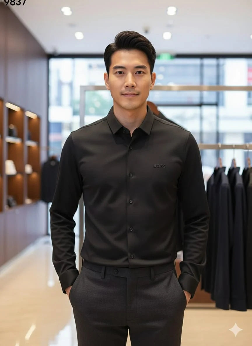 HUGO BOSS || Men's Black Slim-Fit Dress Shirt – Technical Stretch Performance Fabric