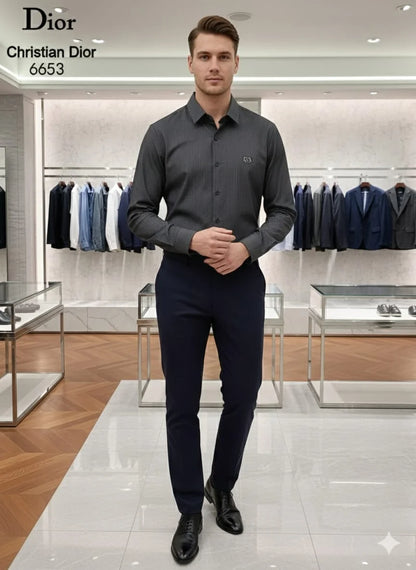 CHRISTIAN DIOR || Men’s Charcoal Pinstripe Slim-Fit Dress Shirt – Signature Collection