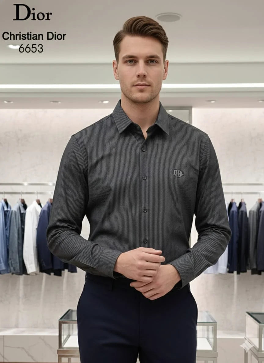 CHRISTIAN DIOR || Men’s Charcoal Pinstripe Slim-Fit Dress Shirt – Signature Collection