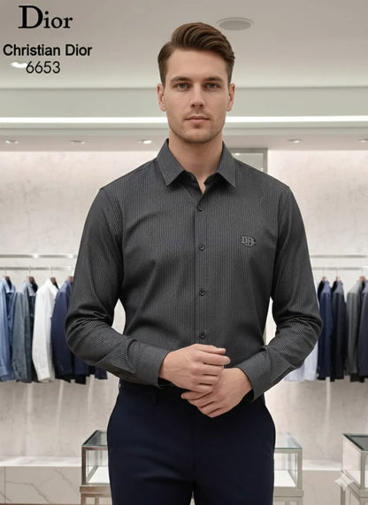 CHRISTIAN DIOR || Men’s Charcoal Pinstripe Slim-Fit Dress Shirt – Signature Collection