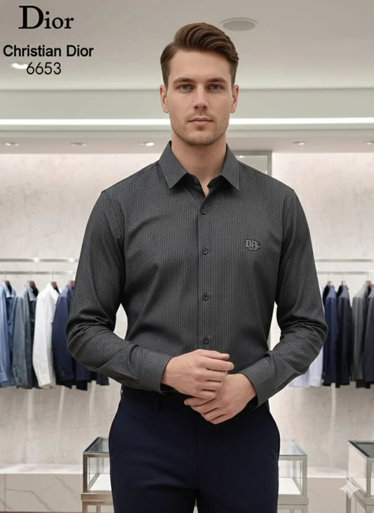 CHRISTIAN DIOR || Men’s Charcoal Pinstripe Slim-Fit Dress Shirt – Signature Collection