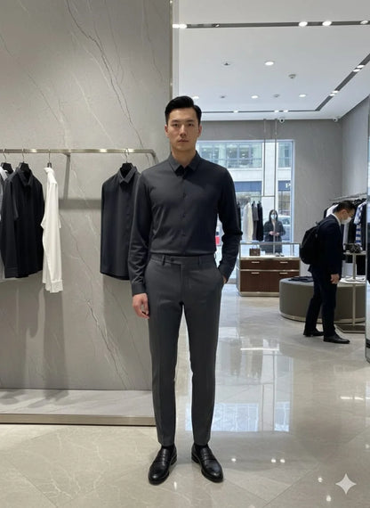 PRADA || Men’s Long-Sleeve Piqué Tech-Fabric Shirt in Anthracite Grey