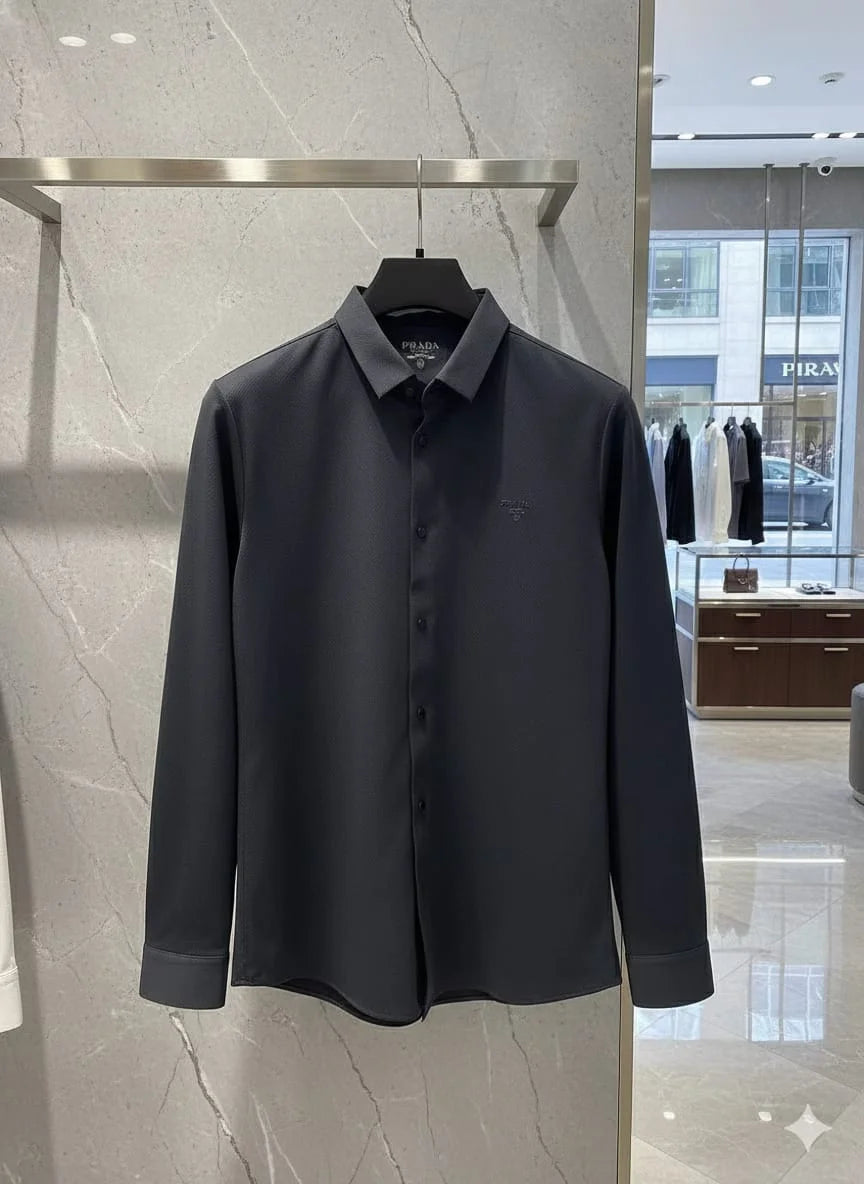 PRADA || Men’s Long-Sleeve Piqué Tech-Fabric Shirt in Anthracite Grey