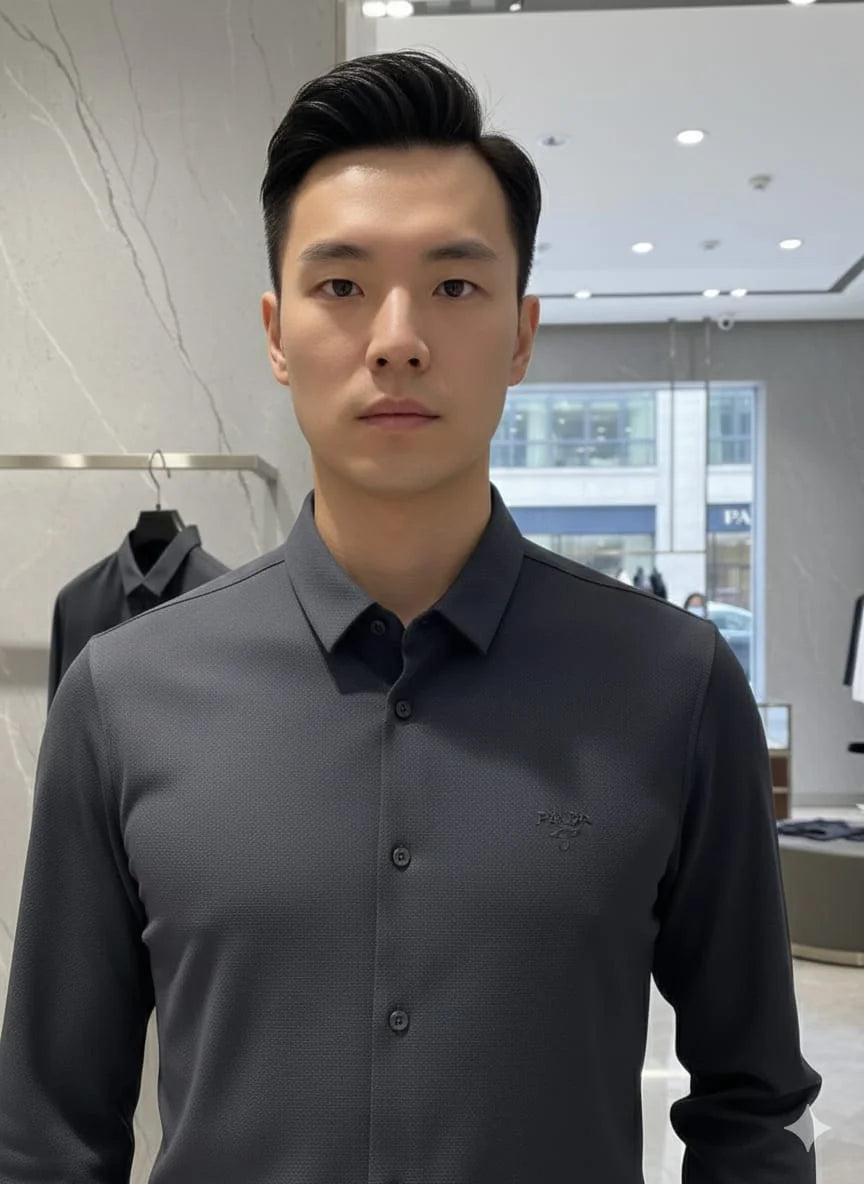 PRADA || Men’s Long-Sleeve Piqué Tech-Fabric Shirt in Anthracite Grey