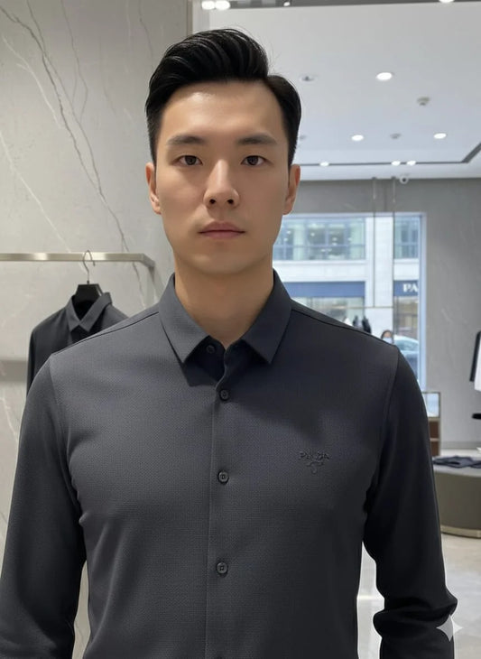 PRADA || Men’s Long-Sleeve Piqué Tech-Fabric Shirt in Anthracite Grey