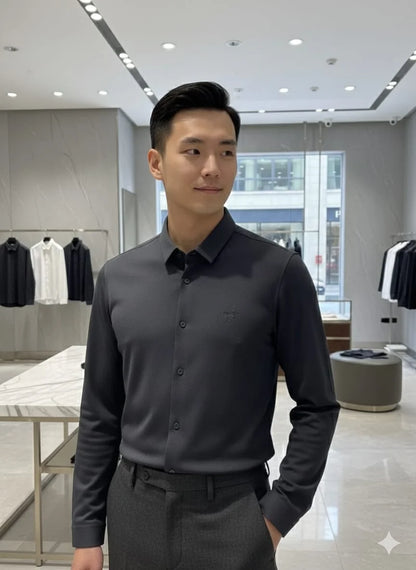 PRADA || Men’s Long-Sleeve Piqué Tech-Fabric Shirt in Anthracite Grey