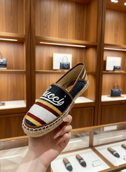 GUCCI || Women's Striped Canvas Espadrilles with Script Logo – Navy & Red