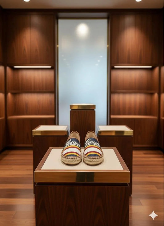 GUCCI || Women's Striped Canvas Espadrilles with Script Logo – Navy & Red