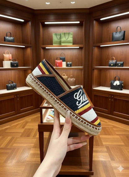 GUCCI || Women's Striped Canvas Espadrilles with Script Logo – Navy & Red
