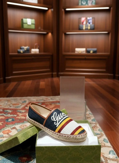 GUCCI || Women's Striped Canvas Espadrilles with Script Logo – Navy & Red