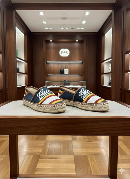 GUCCI || Women's Striped Canvas Espadrilles with Script Logo – Navy & Red
