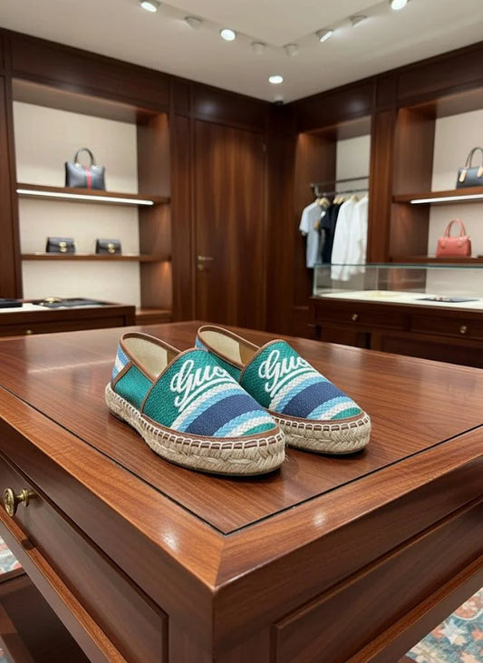 GUCCI ||Script Logo Canvas Espadrilles - Striped Nautical Summer Slip-Ons